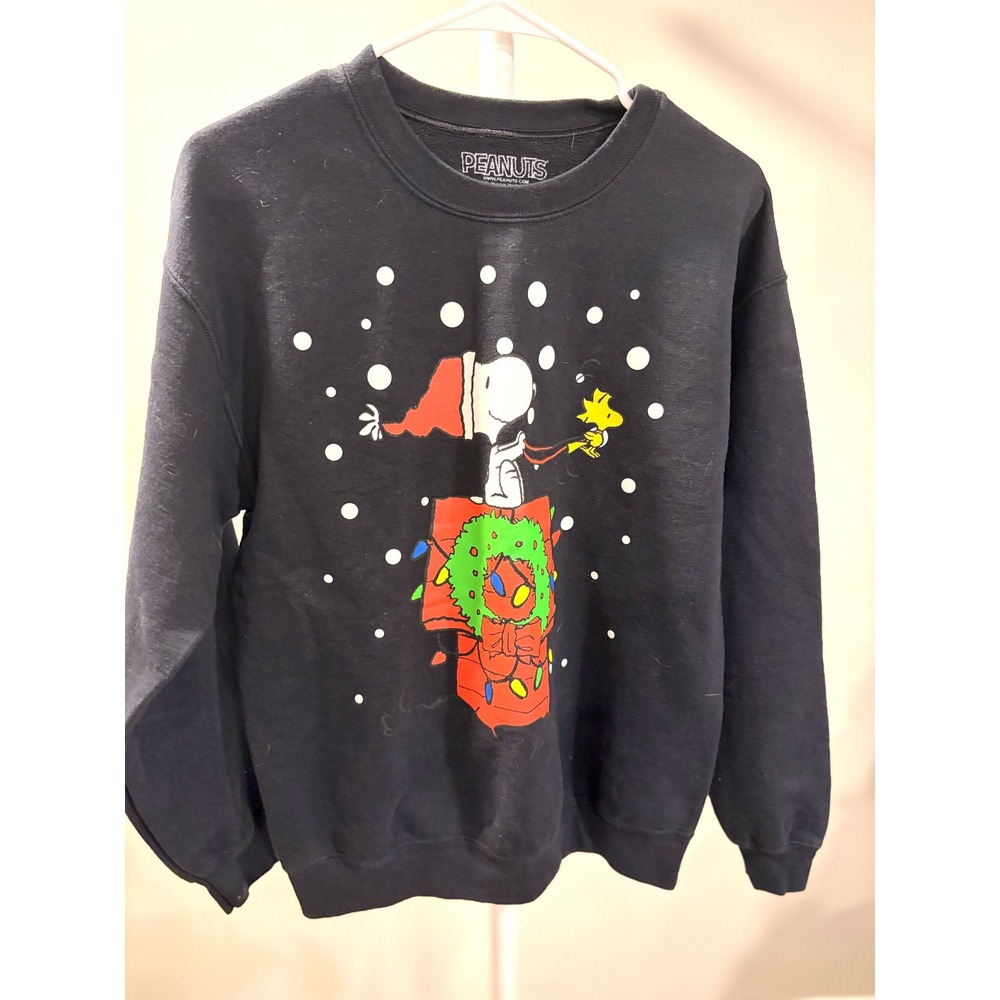 Peanuts Snoopy Christmas Sweatshirt Black Small Woodstock Doghouse Crewneck